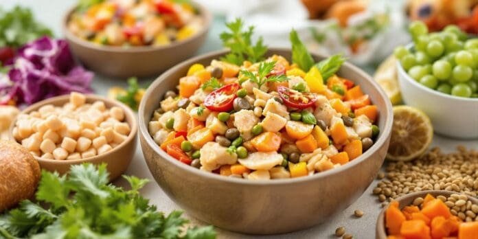 Homemade cat food with fresh ingredients in bowls.