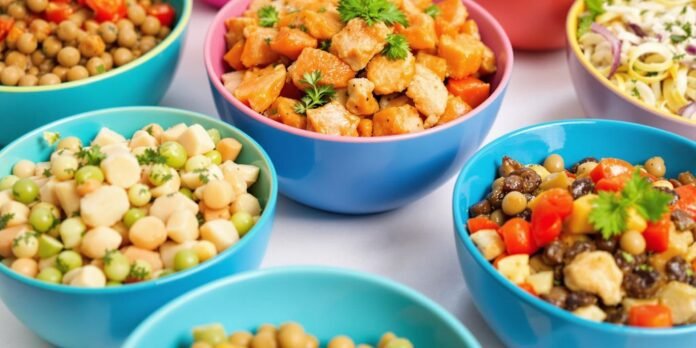 Colorful bowls of homemade cat food ingredients.