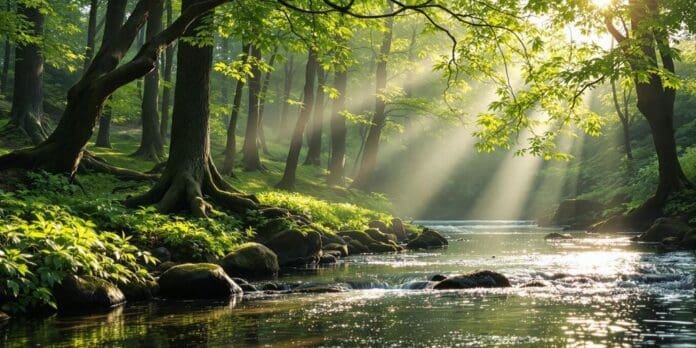 Serene forest scene with sunlight and gentle river flow.