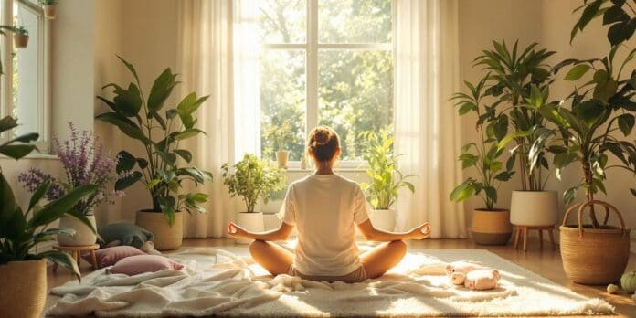 Person meditating in a sunlit and peaceful room.