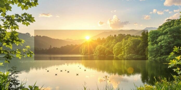 Sunrise over a peaceful lake with surrounding greenery.