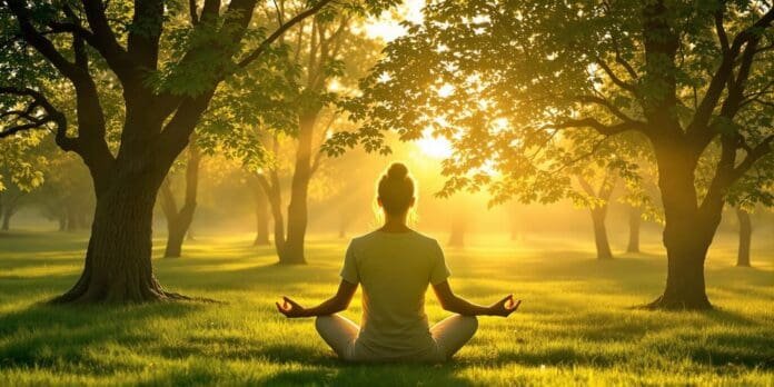 Person meditating in a tranquil natural landscape with sunlight.