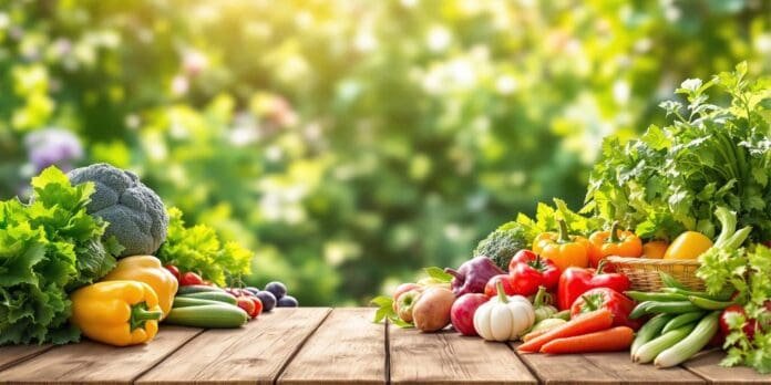 Colorful fruits and vegetables on a wooden table.