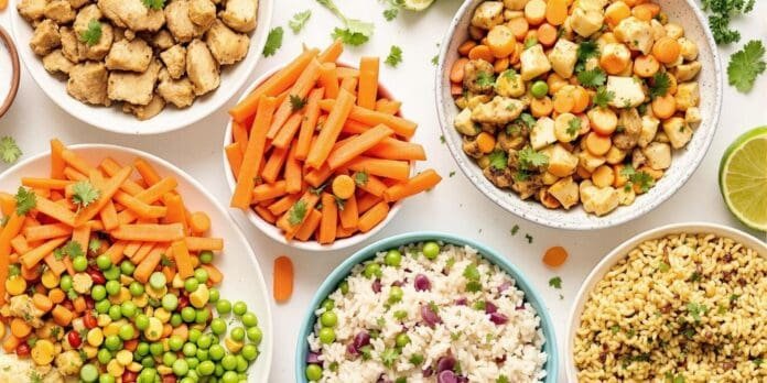 Bowls of nutritious homemade dog food with fresh ingredients.