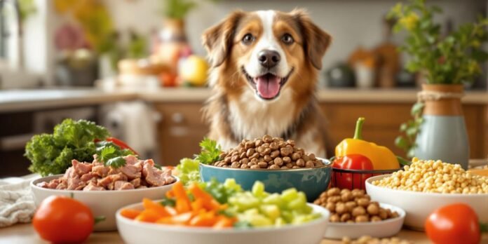 Dog food bowls with fresh ingredients and a happy dog.