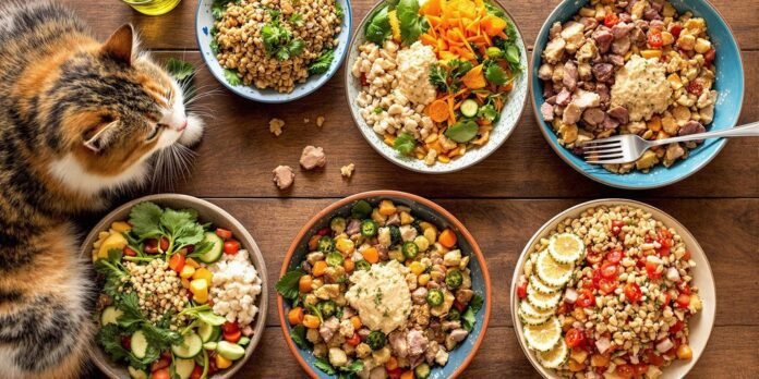 Colorful homemade cat food on a wooden table.