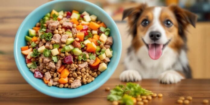 Dog enjoying a bowl of healthy homemade dog food.