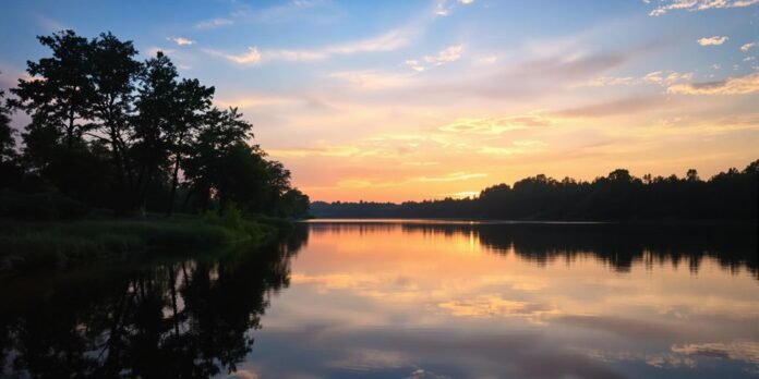 A sunrise over a calm lake, evoking tranquility and hope.