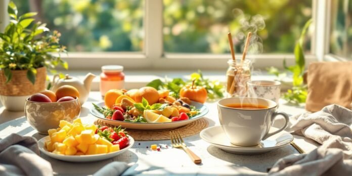 Bright breakfast table with healthy food and tea.