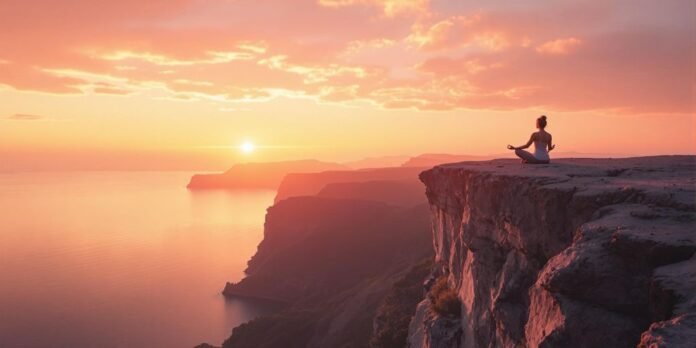 Person meditating on a cliff at sunrise over water.