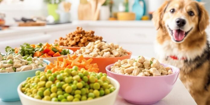 Bowls of homemade dog food with fresh ingredients.