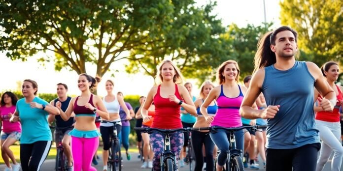 Group of people exercising outdoors in a sunny environment.