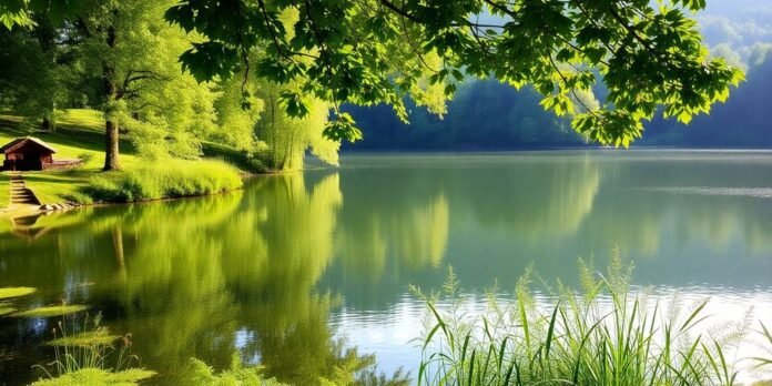 Calm lake in a lush green landscape with sunlight.