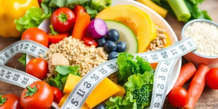 Healthy foods on a plate with measuring tape.