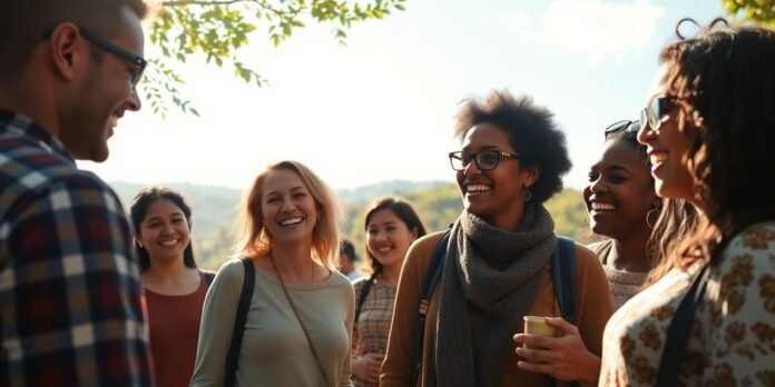 Diverse people enjoying nature and connecting with each other.