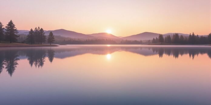 Serene landscape with a calm lake and sunset.