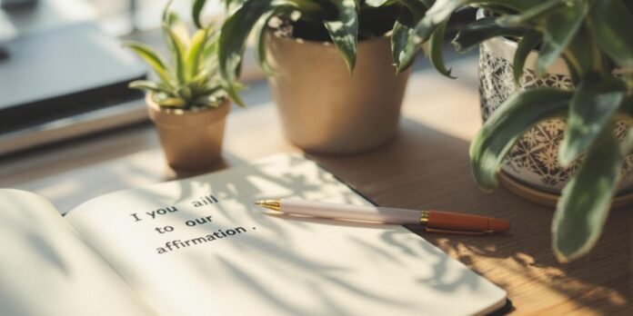 A peaceful workspace with a journal and plants.