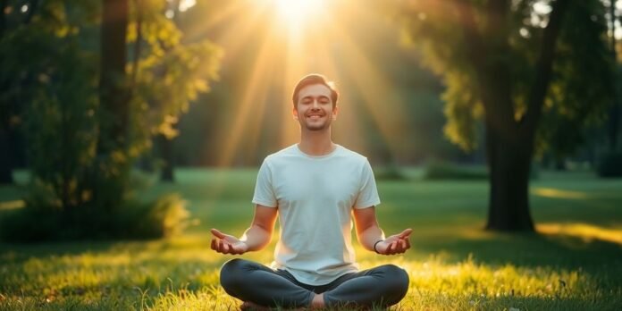 Person meditating in nature, radiating calmness and joy.