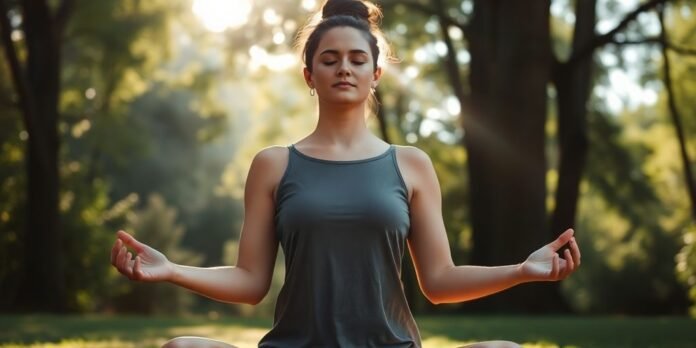 Person meditating in nature, promoting health and balance.