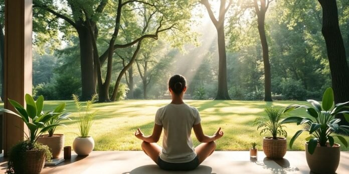 Person meditating in a tranquil nature setting.