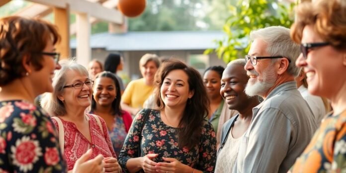 Diverse community members enjoying time together outdoors.