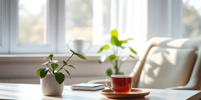 Calm workspace with a plant and a cup of tea.