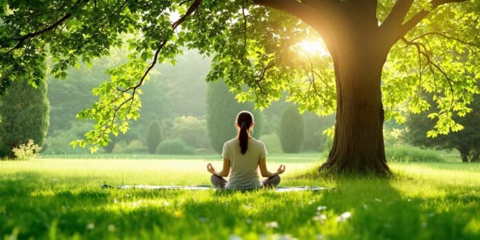 Person meditating in a peaceful green environment.