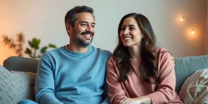 Couple smiling together in a cozy, warm setting.