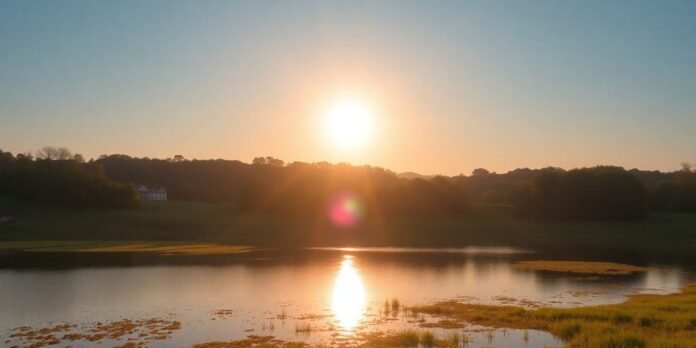 A peaceful sunrise over a calm lake.