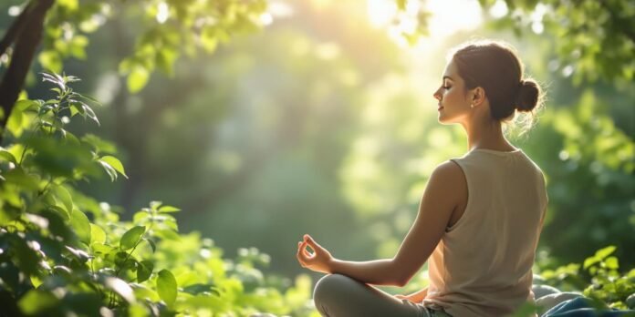 Person meditating in a peaceful natural environment.