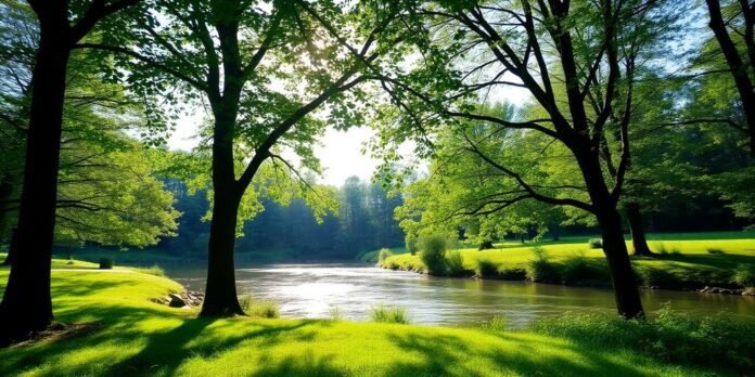 Serene nature landscape with greenery and a tranquil river.