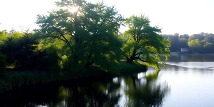 Tranquil landscape with sunlight and calm water reflections.