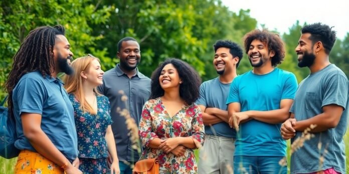 Diverse people laughing together in a sunny outdoor setting.