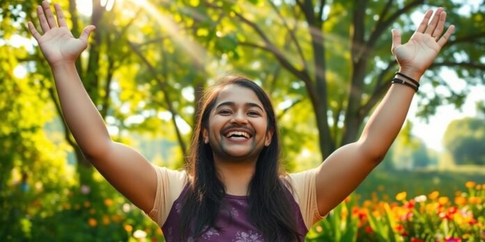 Person smiling in nature, radiating positivity and abundance.