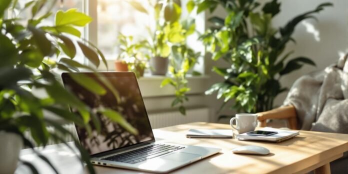 A peaceful workspace with plants and a laptop.