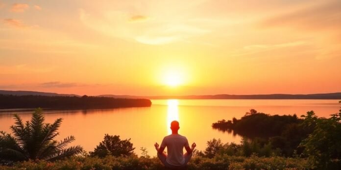 A person meditating by a calm lake at sunset.