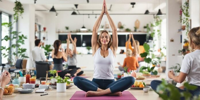 Employees practicing wellness activities in a lively office setting.