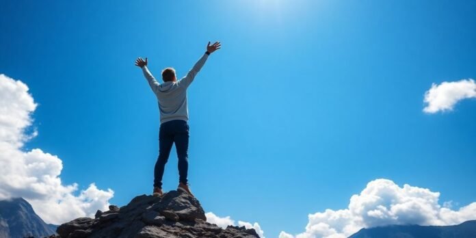 Person on mountain peak celebrating personal growth.