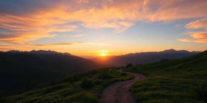 Sunrise over mountains with a winding path through nature.