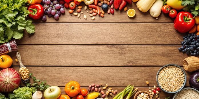 Colorful fruits and vegetables on a wooden table.