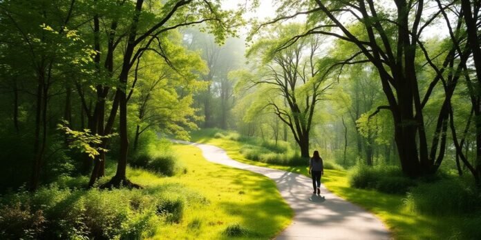 A person walking on a green path in nature.