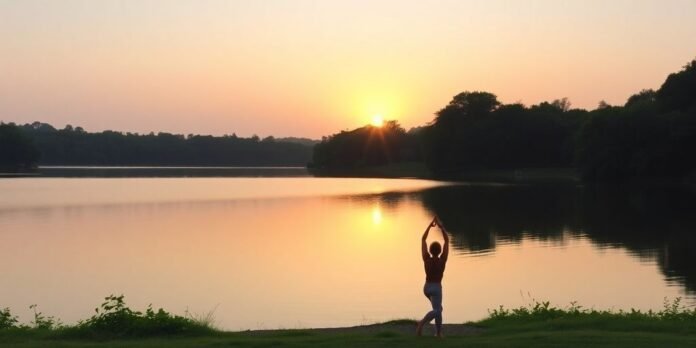 Person practicing yoga by a tranquil lake at sunrise.