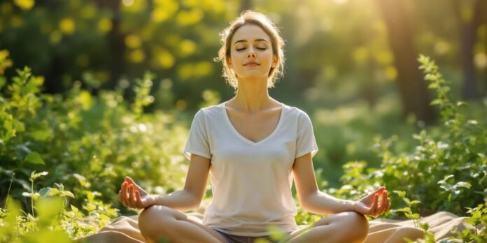 Person meditating in nature, surrounded by greenery and sunlight.