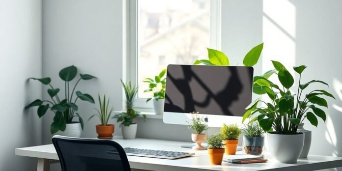 Serene workspace with plants and calming natural light.