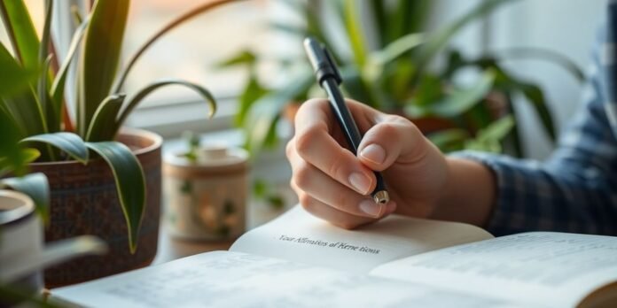 Person writing affirmations in a serene, natural setting.