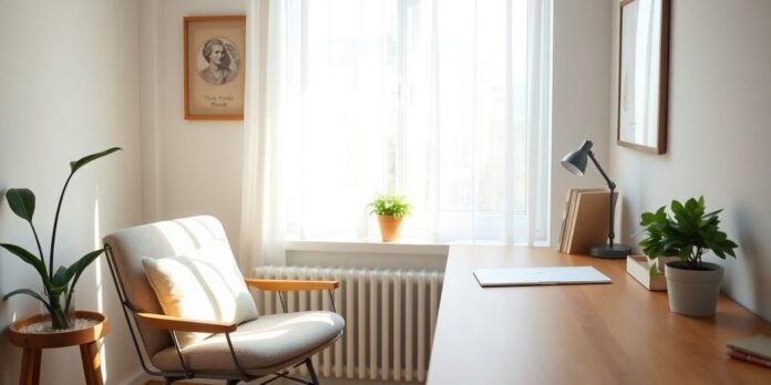 Calm workspace with plants and soft lighting.