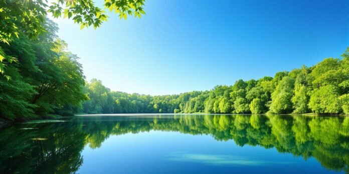 Tranquil landscape with a calm lake and greenery.