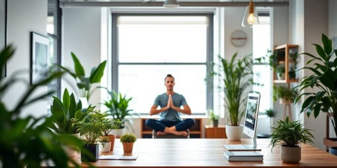 Serene workspace with plants and soft lighting.