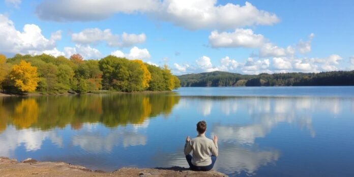 Person meditating by a peaceful lake with trees.