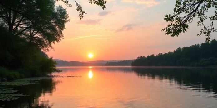 Serene sunrise over a calm lake with greenery.